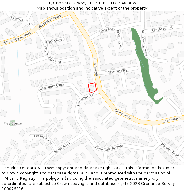 1, GRANSDEN WAY, CHESTERFIELD, S40 3BW: Location map and indicative extent of plot