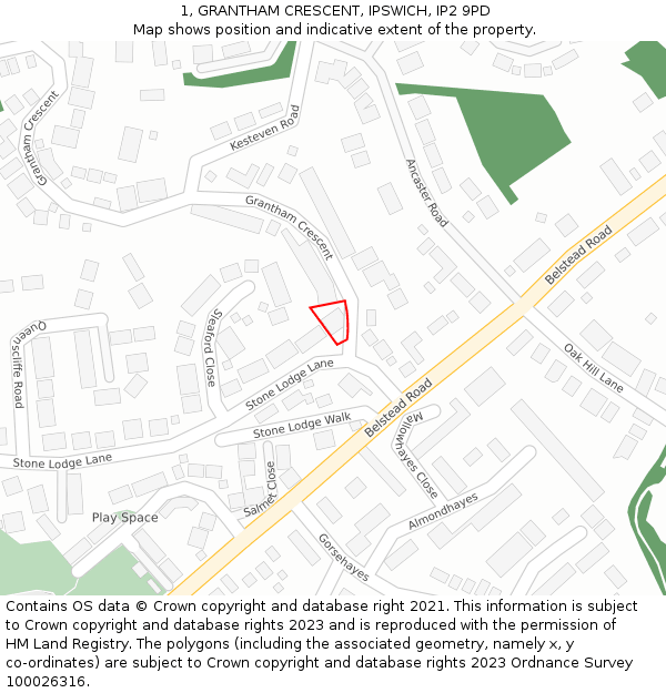 1, GRANTHAM CRESCENT, IPSWICH, IP2 9PD: Location map and indicative extent of plot