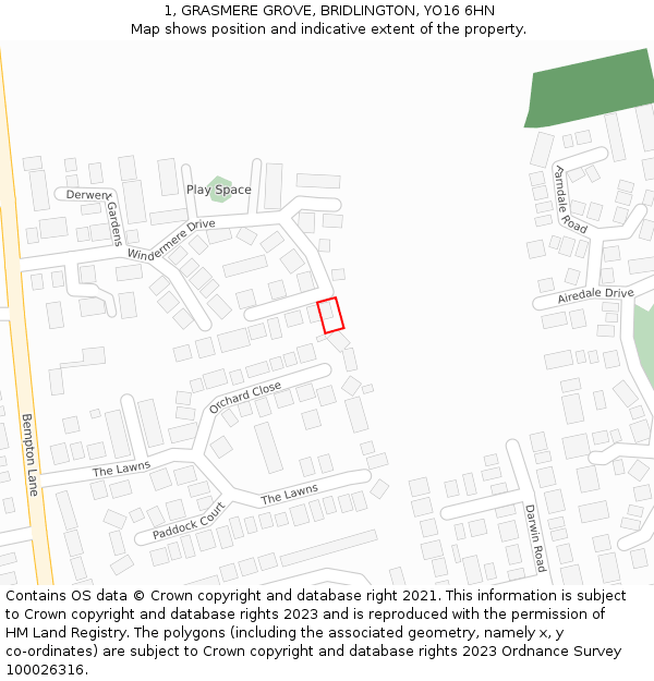 1, GRASMERE GROVE, BRIDLINGTON, YO16 6HN: Location map and indicative extent of plot