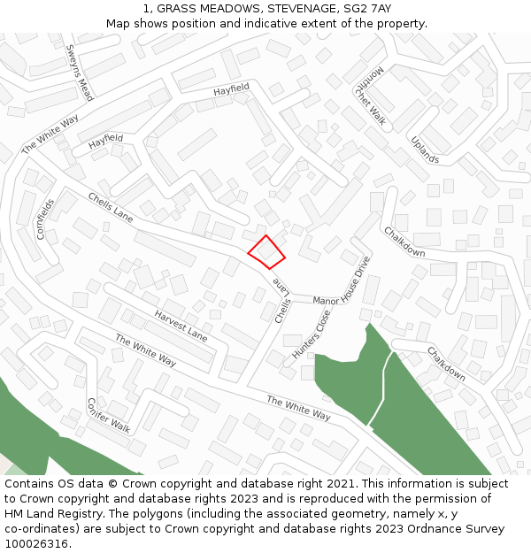 1, GRASS MEADOWS, STEVENAGE, SG2 7AY: Location map and indicative extent of plot