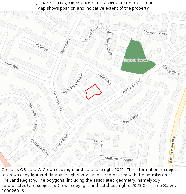 1, GRASSFIELDS, KIRBY CROSS, FRINTON-ON-SEA, CO13 0RL: Location map and indicative extent of plot