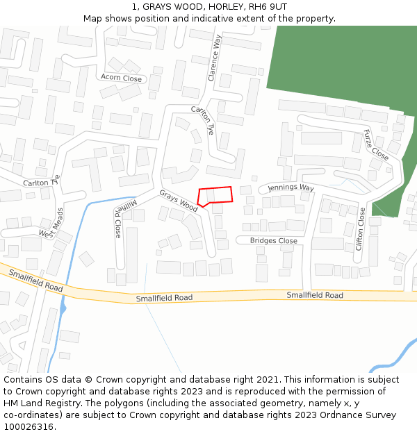 1, GRAYS WOOD, HORLEY, RH6 9UT: Location map and indicative extent of plot