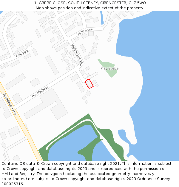 1, GREBE CLOSE, SOUTH CERNEY, CIRENCESTER, GL7 5WQ: Location map and indicative extent of plot