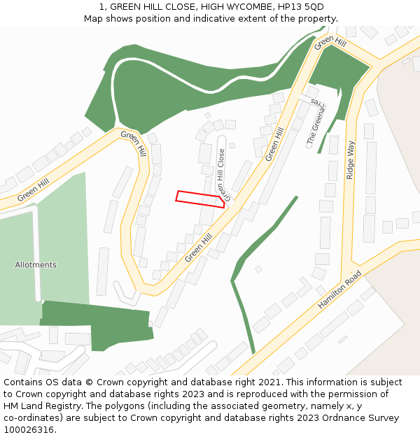 1, GREEN HILL CLOSE, HIGH WYCOMBE, HP13 5QD: Location map and indicative extent of plot