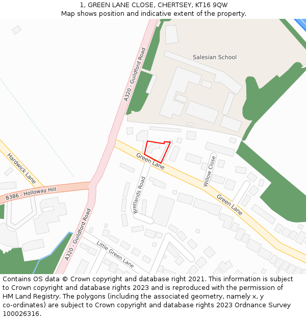 1, GREEN LANE CLOSE, CHERTSEY, KT16 9QW: Location map and indicative extent of plot