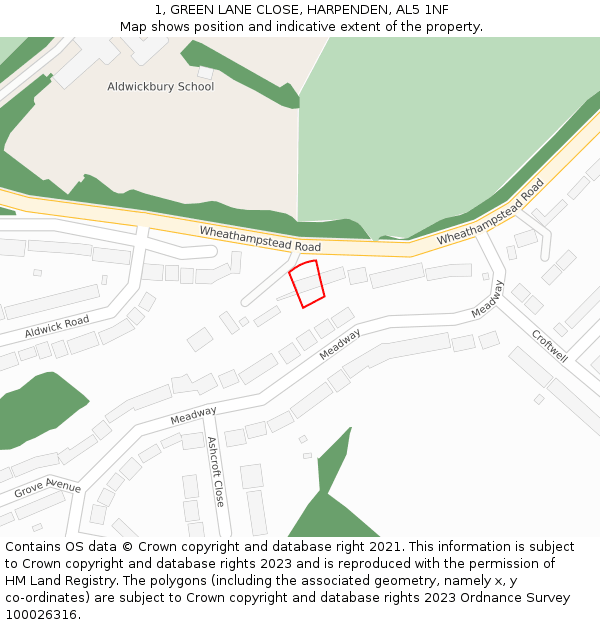 1, GREEN LANE CLOSE, HARPENDEN, AL5 1NF: Location map and indicative extent of plot