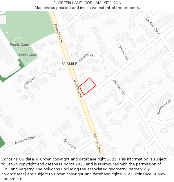 1, GREEN LANE, COBHAM, KT11 2NN: Location map and indicative extent of plot