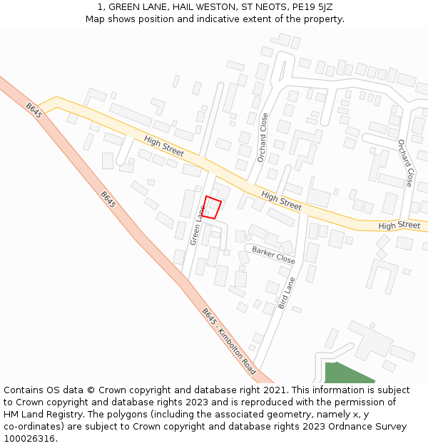 1, GREEN LANE, HAIL WESTON, ST NEOTS, PE19 5JZ: Location map and indicative extent of plot