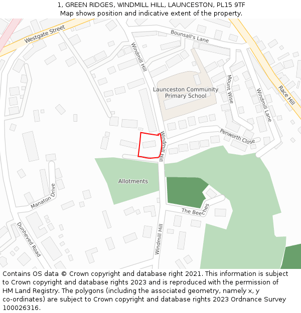 1, GREEN RIDGES, WINDMILL HILL, LAUNCESTON, PL15 9TF: Location map and indicative extent of plot