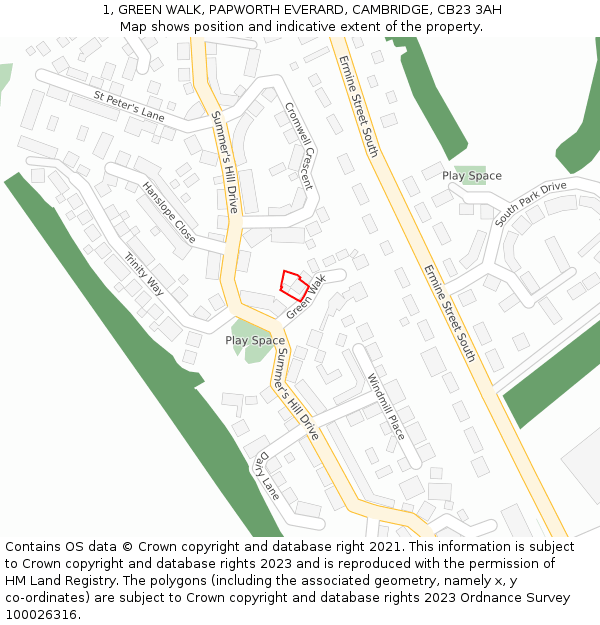 1, GREEN WALK, PAPWORTH EVERARD, CAMBRIDGE, CB23 3AH: Location map and indicative extent of plot