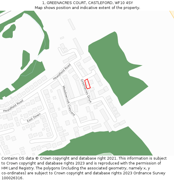 1, GREENACRES COURT, CASTLEFORD, WF10 4SY: Location map and indicative extent of plot