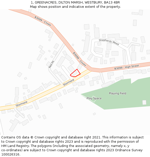 1, GREENACRES, DILTON MARSH, WESTBURY, BA13 4BR: Location map and indicative extent of plot