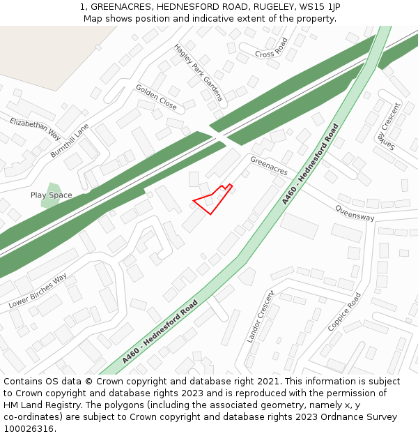 1, GREENACRES, HEDNESFORD ROAD, RUGELEY, WS15 1JP: Location map and indicative extent of plot