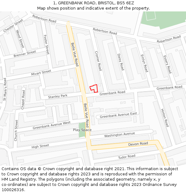 1, GREENBANK ROAD, BRISTOL, BS5 6EZ: Location map and indicative extent of plot