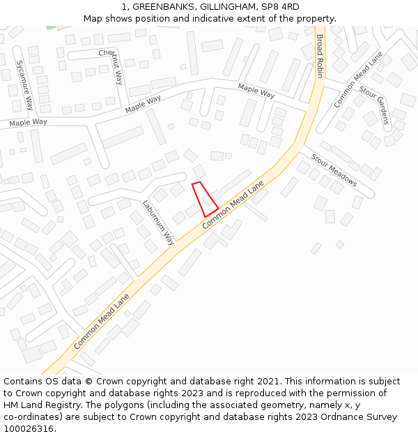 1, GREENBANKS, GILLINGHAM, SP8 4RD: Location map and indicative extent of plot