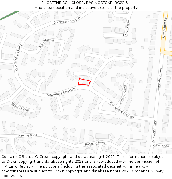 1, GREENBIRCH CLOSE, BASINGSTOKE, RG22 5JL: Location map and indicative extent of plot