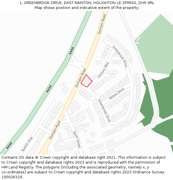 1, GREENBROOK DRIVE, EAST RAINTON, HOUGHTON LE SPRING, DH5 9RL: Location map and indicative extent of plot