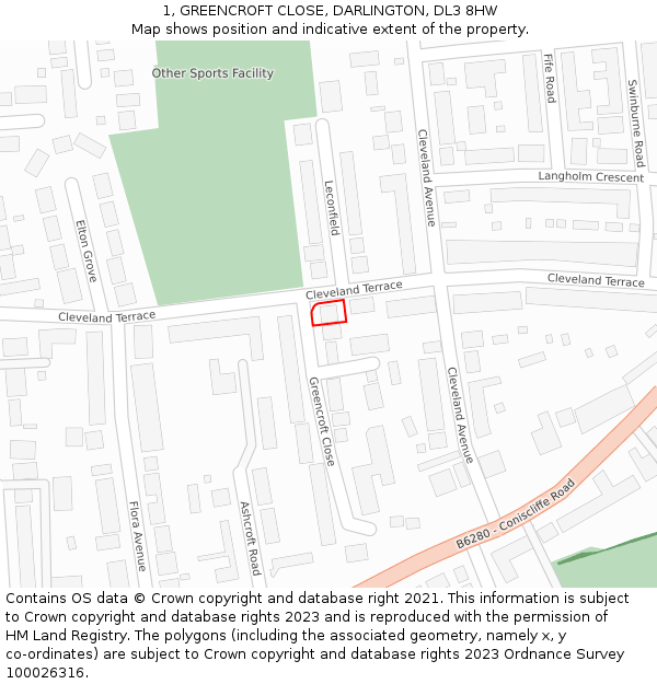 1, GREENCROFT CLOSE, DARLINGTON, DL3 8HW: Location map and indicative extent of plot