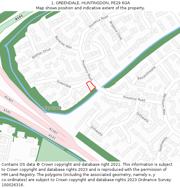 1, GREENDALE, HUNTINGDON, PE29 6GA: Location map and indicative extent of plot