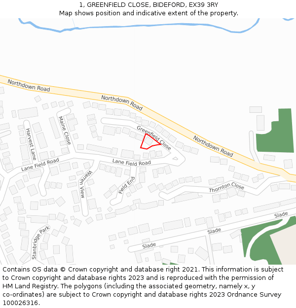 1, GREENFIELD CLOSE, BIDEFORD, EX39 3RY: Location map and indicative extent of plot