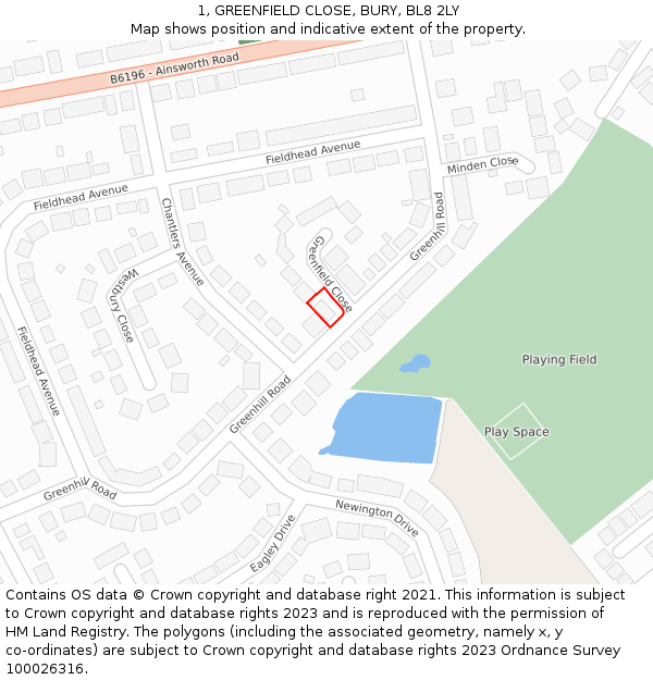 1, GREENFIELD CLOSE, BURY, BL8 2LY: Location map and indicative extent of plot