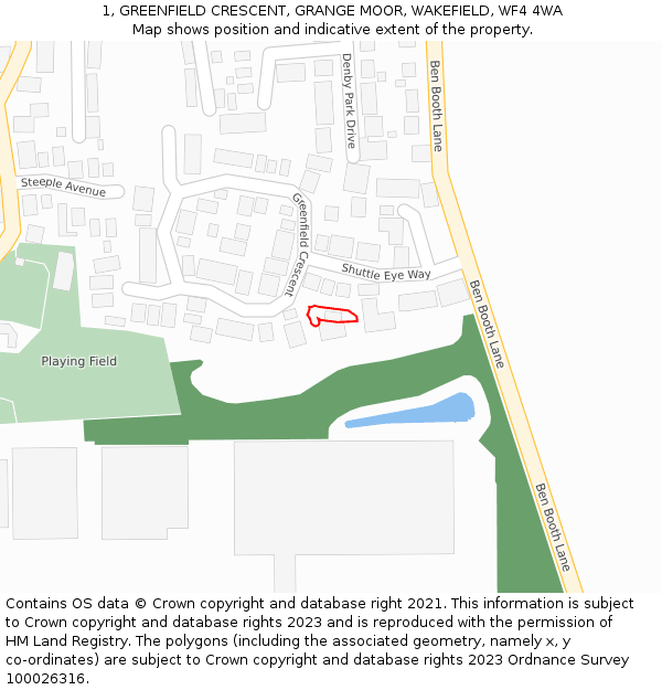 1, GREENFIELD CRESCENT, GRANGE MOOR, WAKEFIELD, WF4 4WA: Location map and indicative extent of plot