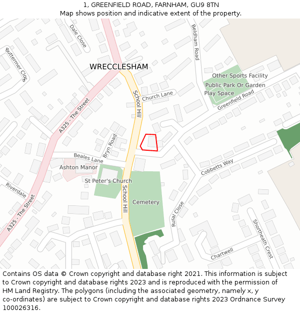 1, GREENFIELD ROAD, FARNHAM, GU9 8TN: Location map and indicative extent of plot