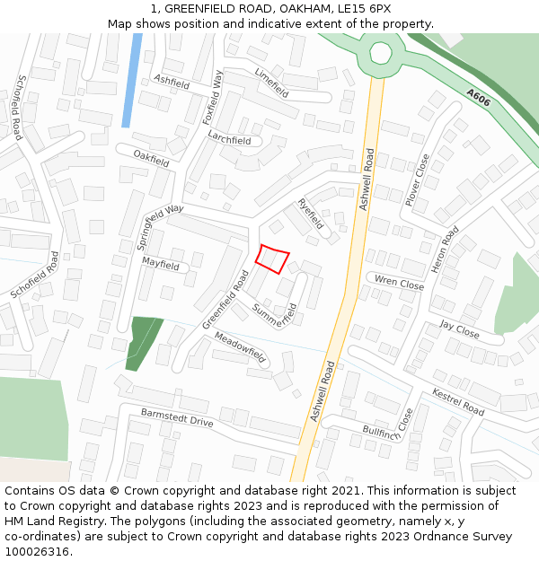 1, GREENFIELD ROAD, OAKHAM, LE15 6PX: Location map and indicative extent of plot