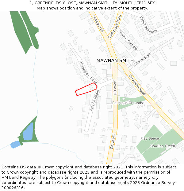 1, GREENFIELDS CLOSE, MAWNAN SMITH, FALMOUTH, TR11 5EX: Location map and indicative extent of plot