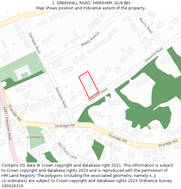 1, GREENHILL ROAD, FARNHAM, GU9 8JN: Location map and indicative extent of plot