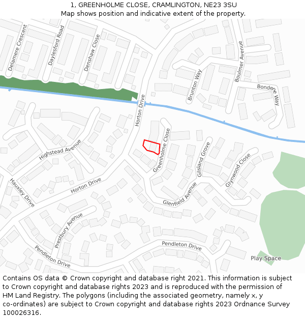 1, GREENHOLME CLOSE, CRAMLINGTON, NE23 3SU: Location map and indicative extent of plot