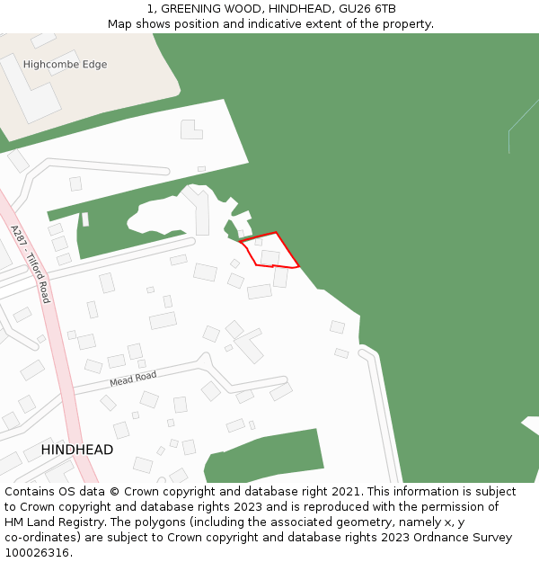 1, GREENING WOOD, HINDHEAD, GU26 6TB: Location map and indicative extent of plot