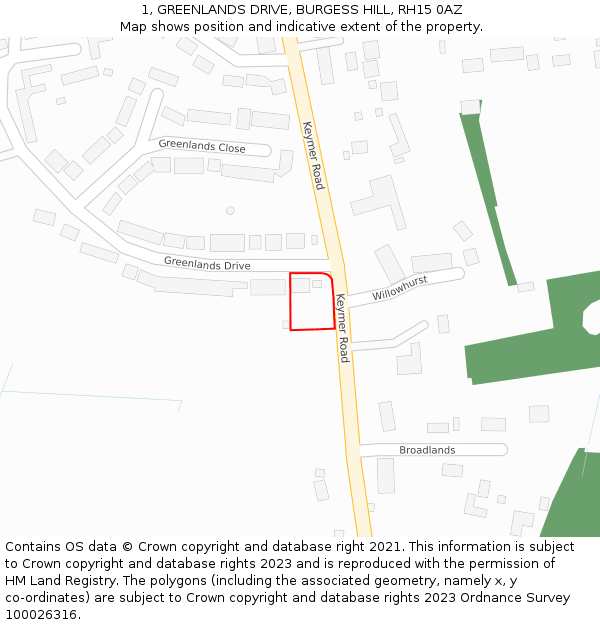 1, GREENLANDS DRIVE, BURGESS HILL, RH15 0AZ: Location map and indicative extent of plot