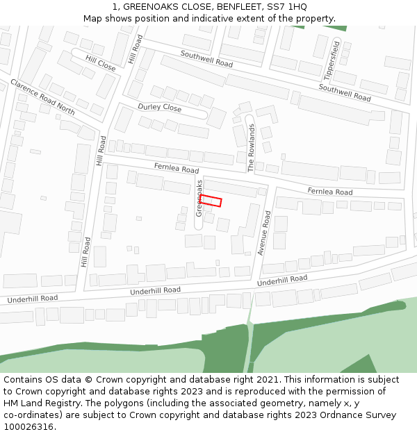 1, GREENOAKS CLOSE, BENFLEET, SS7 1HQ: Location map and indicative extent of plot