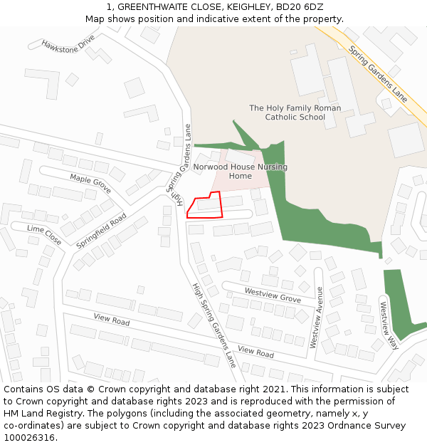 1, GREENTHWAITE CLOSE, KEIGHLEY, BD20 6DZ: Location map and indicative extent of plot