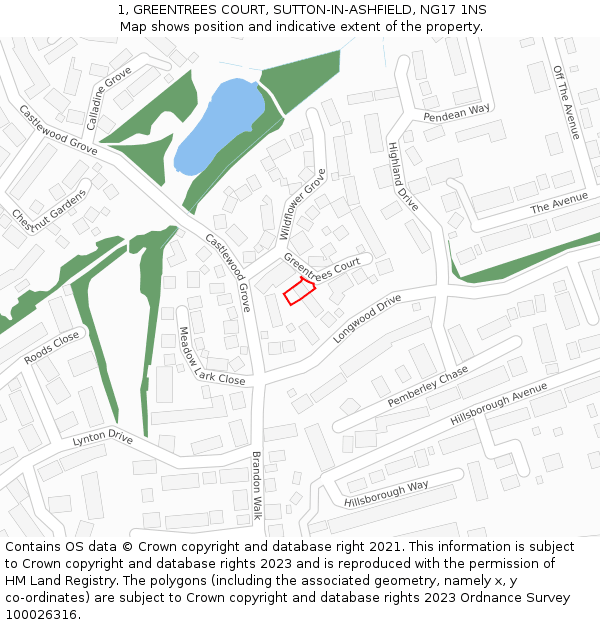 1, GREENTREES COURT, SUTTON-IN-ASHFIELD, NG17 1NS: Location map and indicative extent of plot