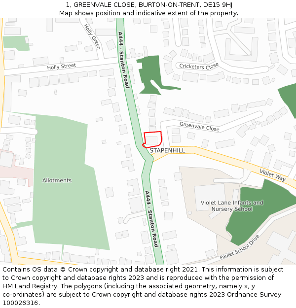 1, GREENVALE CLOSE, BURTON-ON-TRENT, DE15 9HJ: Location map and indicative extent of plot