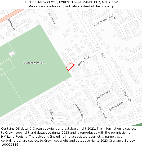 1, GREENVIEW CLOSE, FOREST TOWN, MANSFIELD, NG19 0DZ: Location map and indicative extent of plot