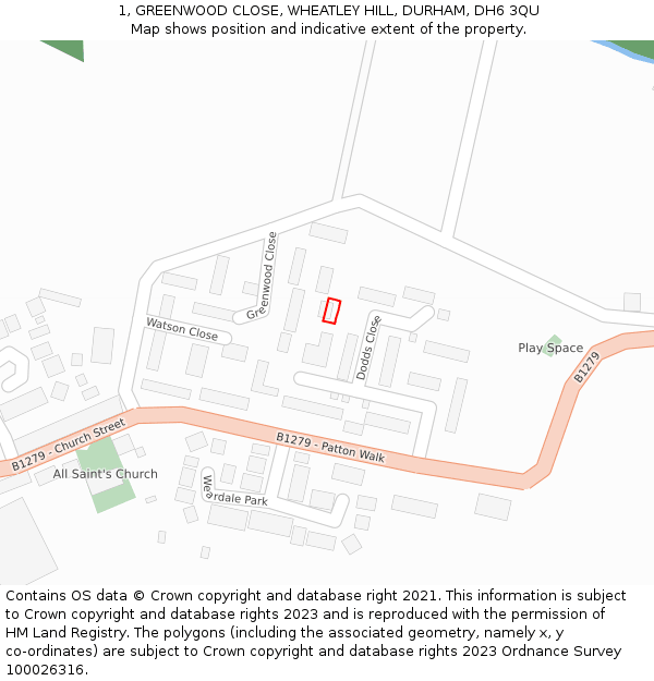 1, GREENWOOD CLOSE, WHEATLEY HILL, DURHAM, DH6 3QU: Location map and indicative extent of plot