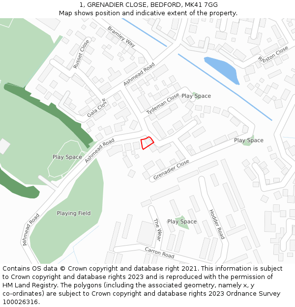 1, GRENADIER CLOSE, BEDFORD, MK41 7GG: Location map and indicative extent of plot