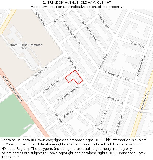 1, GRENDON AVENUE, OLDHAM, OL8 4HT: Location map and indicative extent of plot