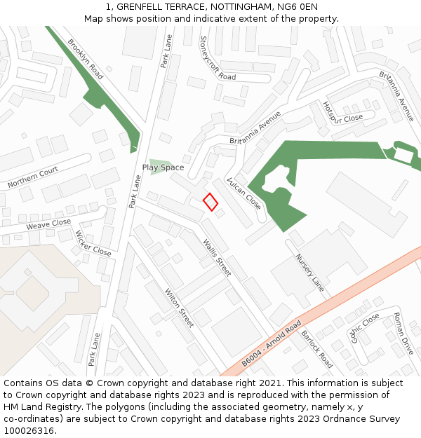 1, GRENFELL TERRACE, NOTTINGHAM, NG6 0EN: Location map and indicative extent of plot