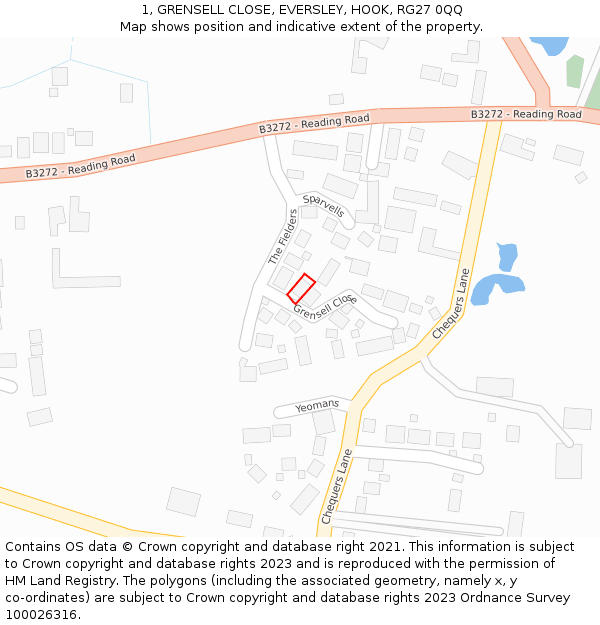 1, GRENSELL CLOSE, EVERSLEY, HOOK, RG27 0QQ: Location map and indicative extent of plot