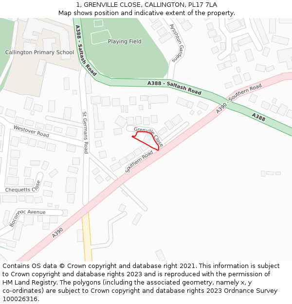 1, GRENVILLE CLOSE, CALLINGTON, PL17 7LA: Location map and indicative extent of plot