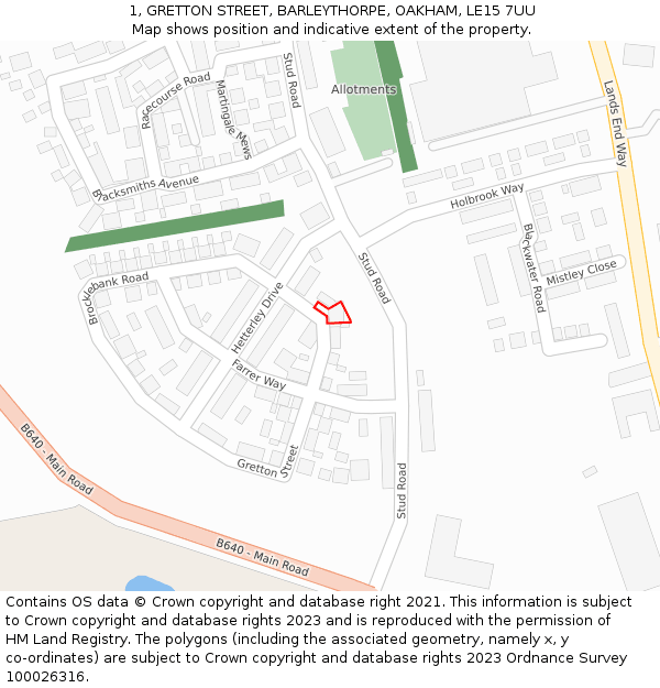 1, GRETTON STREET, BARLEYTHORPE, OAKHAM, LE15 7UU: Location map and indicative extent of plot