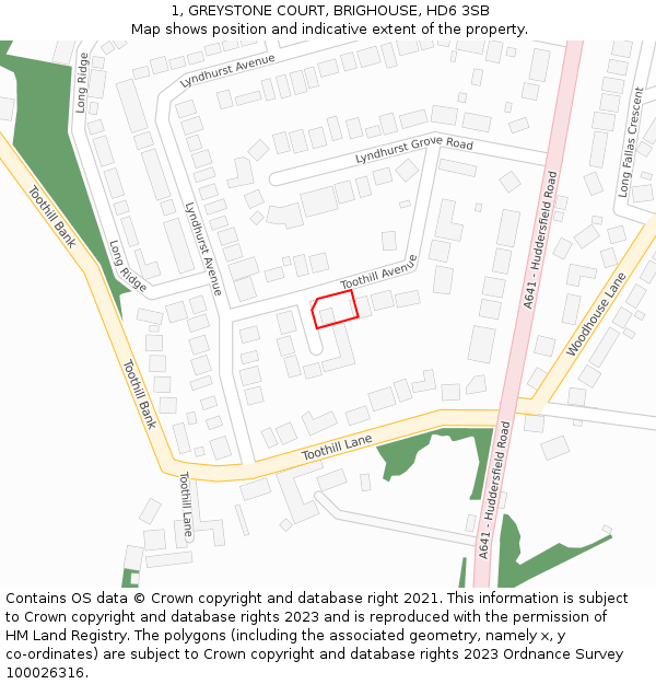 1, GREYSTONE COURT, BRIGHOUSE, HD6 3SB: Location map and indicative extent of plot