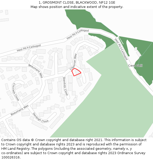 1, GROSMONT CLOSE, BLACKWOOD, NP12 1GE: Location map and indicative extent of plot