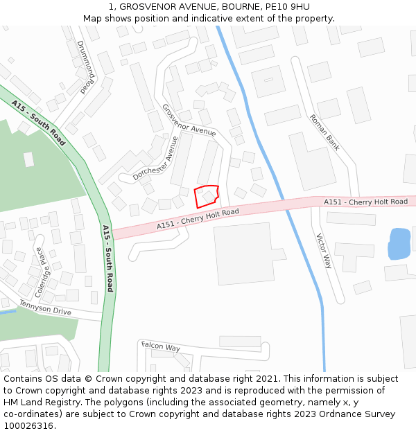 1, GROSVENOR AVENUE, BOURNE, PE10 9HU: Location map and indicative extent of plot