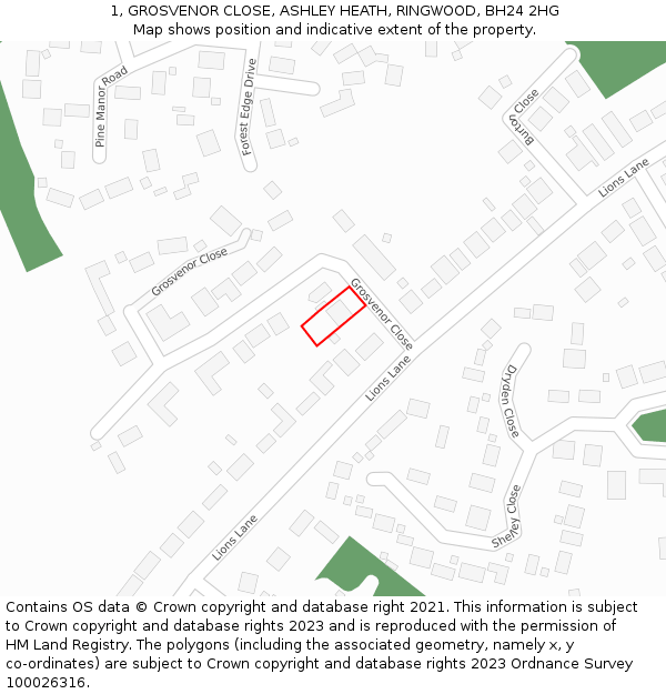 1, GROSVENOR CLOSE, ASHLEY HEATH, RINGWOOD, BH24 2HG: Location map and indicative extent of plot