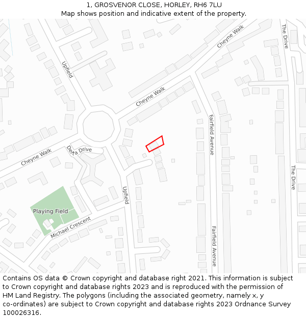 1, GROSVENOR CLOSE, HORLEY, RH6 7LU: Location map and indicative extent of plot